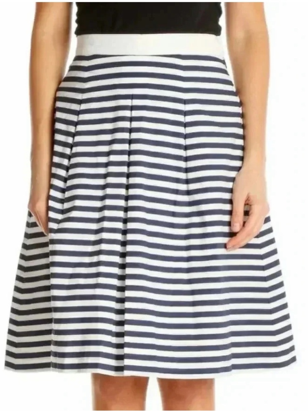 LOFT Navy & White Striped Pleated Circle Skirt